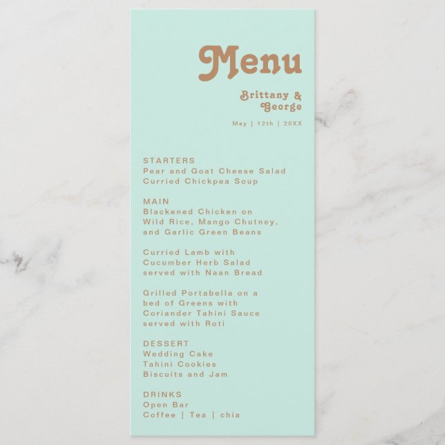 Plage Retro | Menu Dîner Mariage Aqua (Devant)