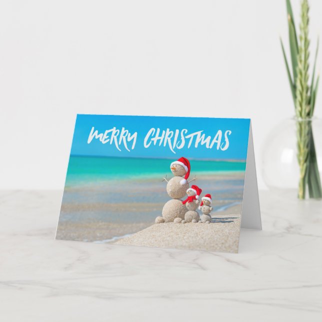 Plage Snowman Tropical Joyeux Sable Carte de Noël (Devant)