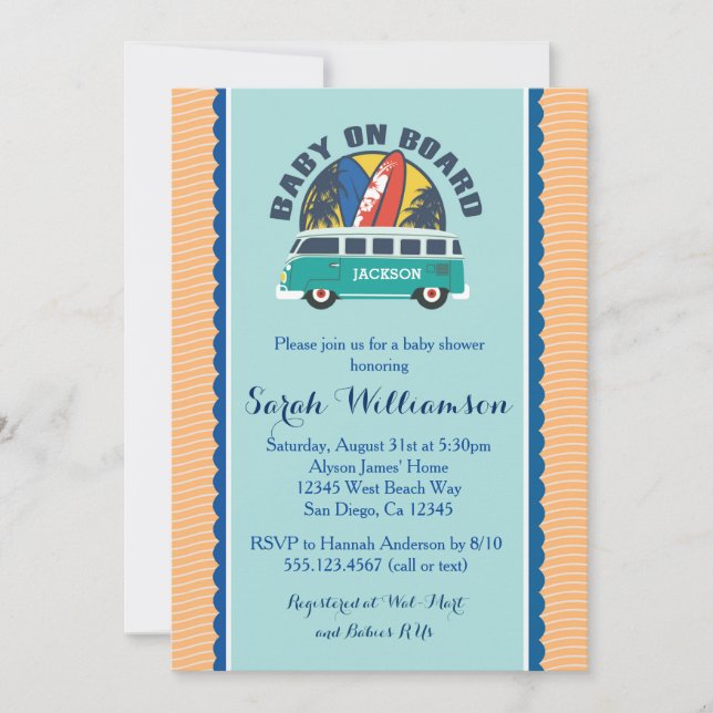 Plage Surf Surfboard Baby Boy Shower Invitation (Devant)