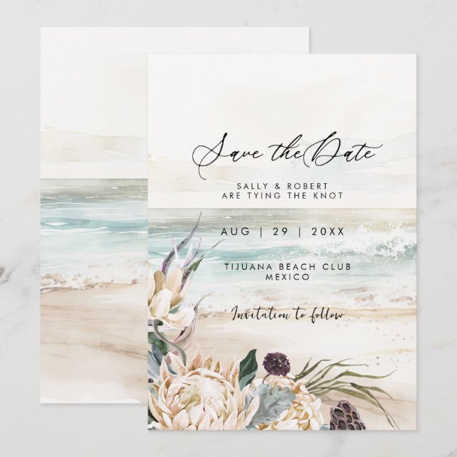 Plage tropicale protéa floral enregistrer la carte (Devant / Derrière)