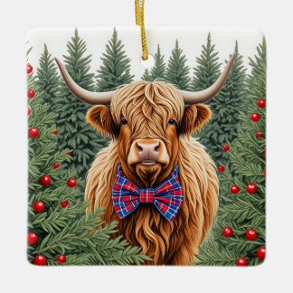 Plaid Bow Cravate Highland Cow Ornement de Noël - 
