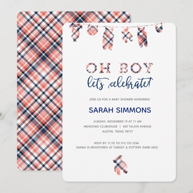 Plaid Boy Clothesline Baby shower Invitation (Devant / Derrière)