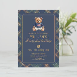 Plaid Boy Teddy Navy Tartan Bear 1st Birthday Einladung