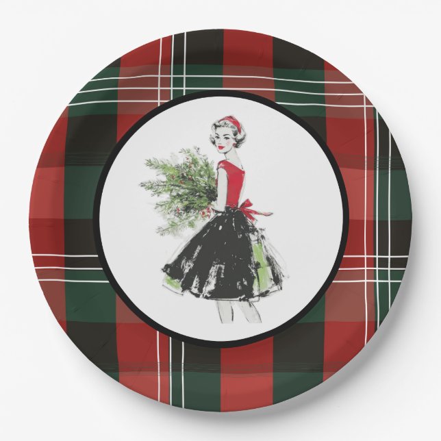 Plaid Christmas Plate in Retro Pappteller (Vorderseite)