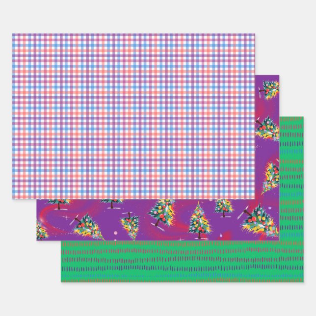 Plaid, Christmas Trees, & Green Dash, 3-Pack Matte Geschenkpapier Set (Set)