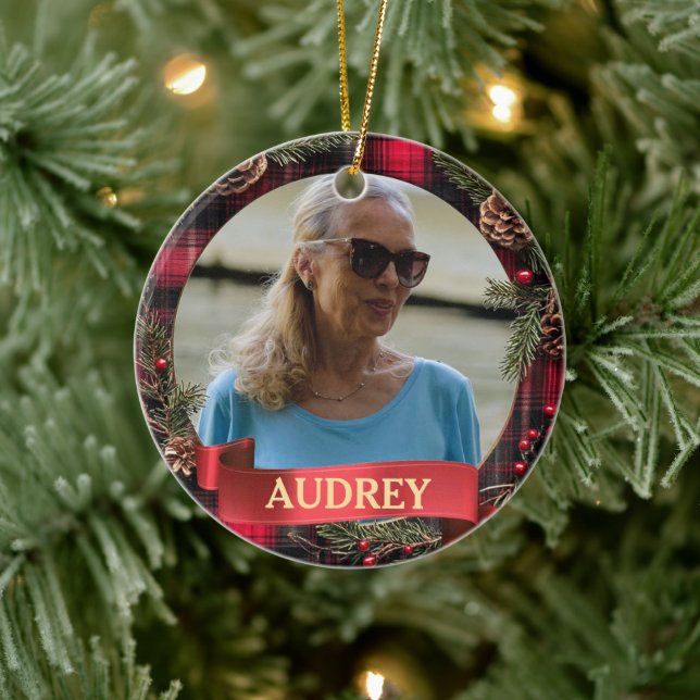 Plaid Christmas Wreath ANY Photo Tree Ornament (Baum)