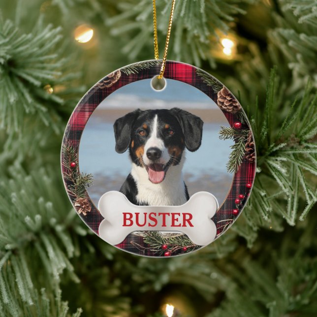 Plaid Christmas Wreath Dog Photo Tree Ornament (Baum)