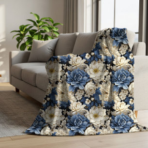 Plaid de jet bleu blanc ivoire fleuri Premium Cozy