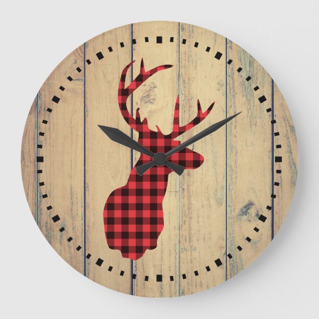 Plaid Deer Head with Antlers on Faux Wood Große Wanduhr (Vorderseite)