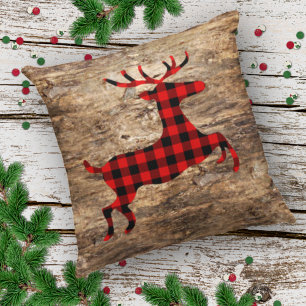 Plaid Deer On Faux Brown Tree Bark Texture Pattern Kissen