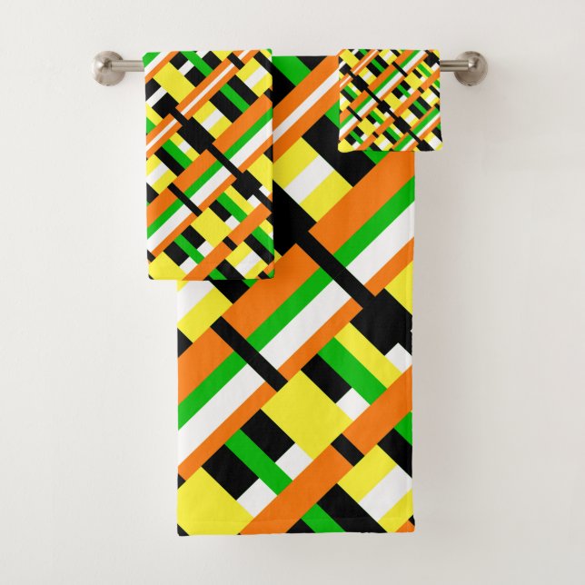 Plaid en diagonale moderne verte, orange et jaune (En situation)