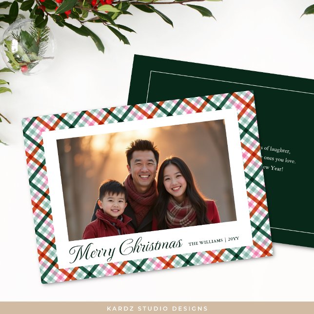 Plaid Family Photo Modern Joyeux Carte de Noël (Card is shown in 5 x 7 inches. Personalize message, name and photo. Choose paper style.)
