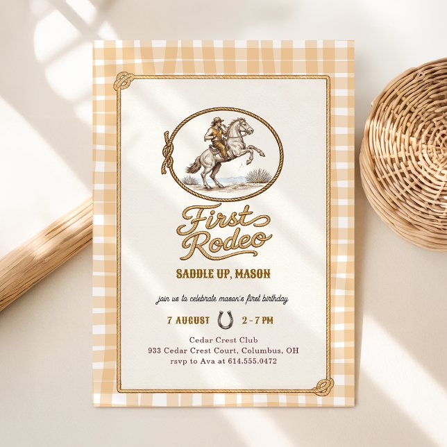 Plaid Gingham Cowboy First Rodeo 1st Birthday Einladung (Von Creator hochgeladen)