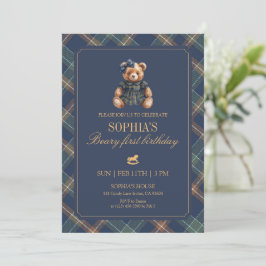 Plaid Girl Teddy Navy Tartan Bear 1st Birthday Einladung
