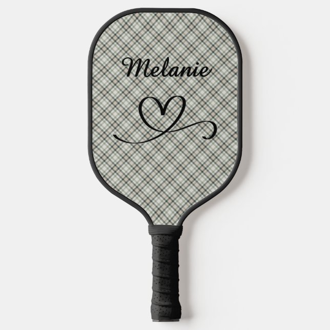 Plaid Greens and Beige Heart Pickleball Paddle (Vorderseite)