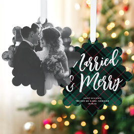Plaid Married & Merry Script Big Photo Christmas Ornament Karte