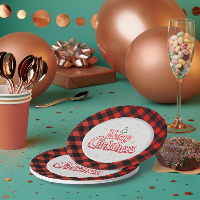 Plaid Merry Christmas Paper Plate Pappteller (Multi)