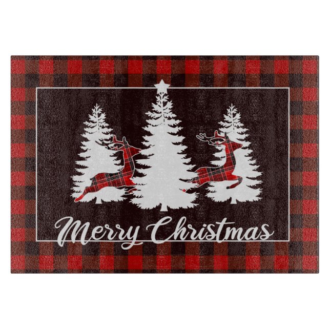 Plaid Reindeer and Pine Trees Christmas Scene Schneidebrett (Vorderseite)