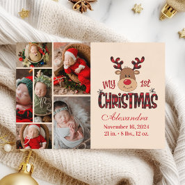 Plaid Reindeer Baby First Christmas 6 Photo  Feiertagskarte