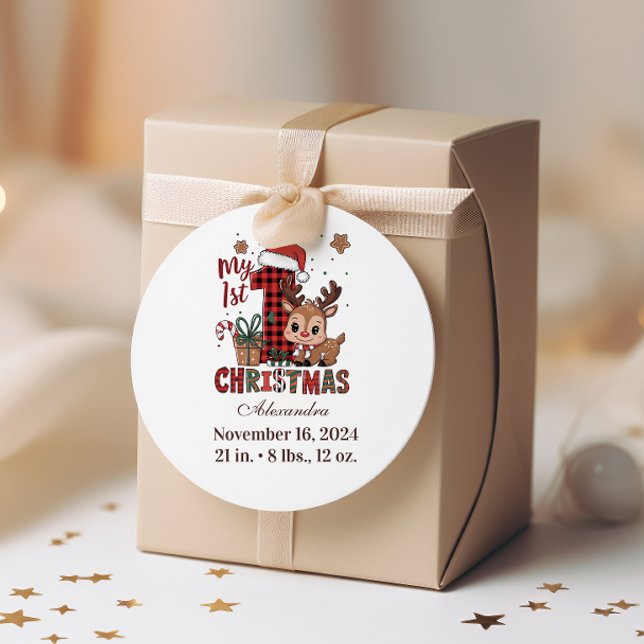 Plaid Reindeer First Christmas Runder Aufkleber (Von Creator hochgeladen)