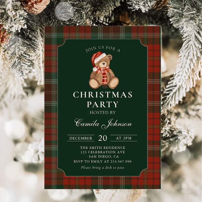 Plaid Teddy Bear Christmas Party Invitation (Créateur téléchargé)