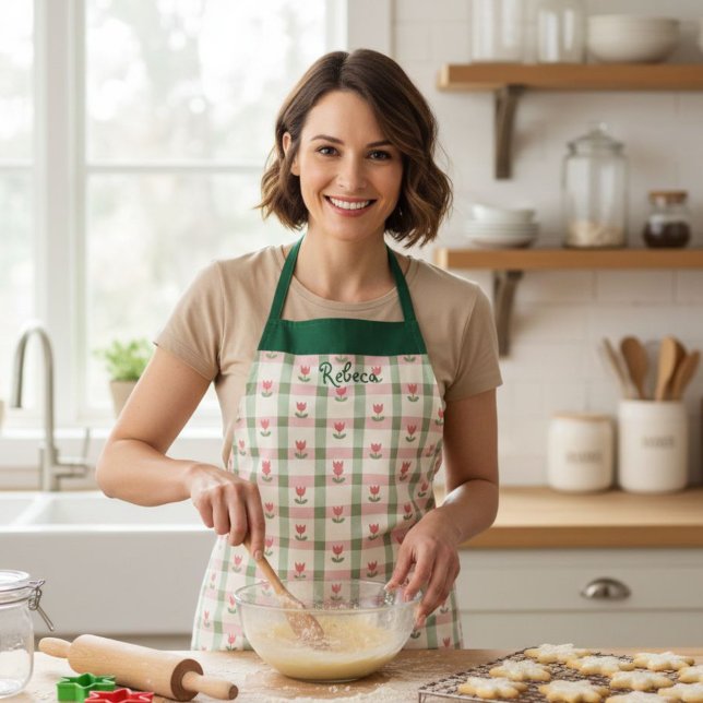Plaid Tulip Women's Apron with Custom Name Schürze (Von Creator hochgeladen)
