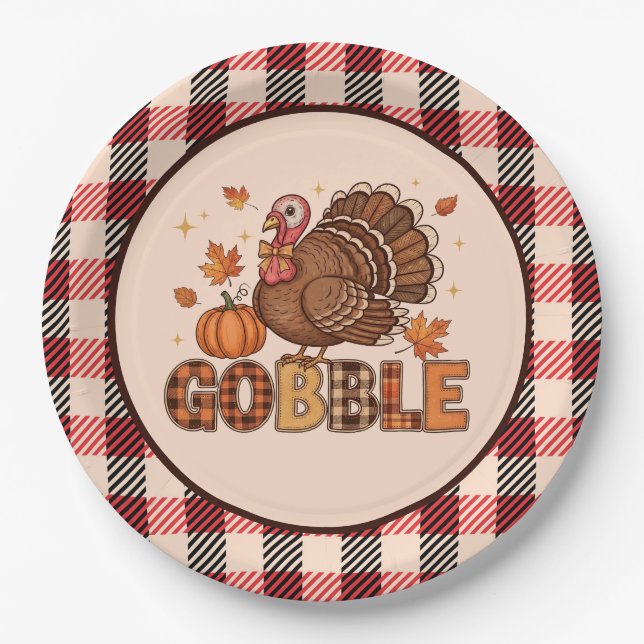 Plaid & Whimsy – Festives Thanksgiving Truthahn Pappteller (Vorderseite)