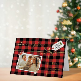 Plaid Wrapped Christmas Present With Photo Real Grußkarte Mit Foliendruck