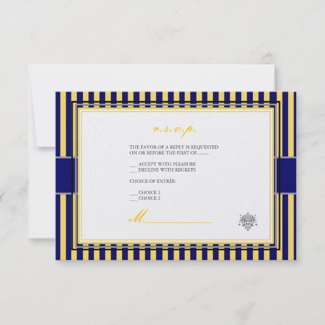 Plain jaune+bleu marine rayures rsvp invitations r (Devant)