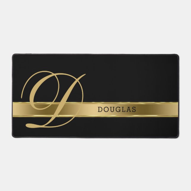Plain Monochromatic Black With Gold Stripe Schreibtischunterlage (Vorderseite)