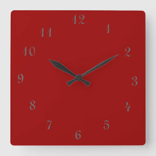 Plain Red Clock>Square Clocks with Numbers Quadratische Wanduhr