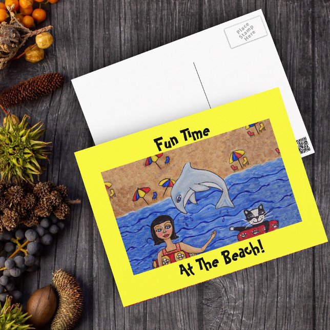 Plaisir à la plage avec ma carte postale de chat (Lady and her cat floating in ocean in inner tubes, jumping dolphin with yellow border on postcard.)