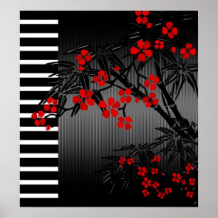 Plakat Asian Red Black White Bamboo Floral