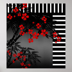 Plakat Asiatisch Rot Schwarz Weiß Bambus Floral 4