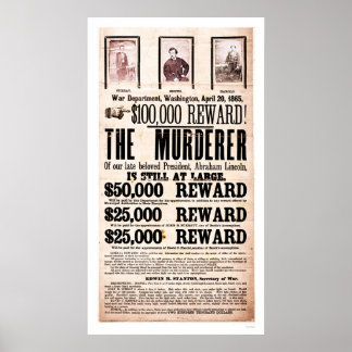 Plakat für Lincolns Ermordung 1865 belohnen