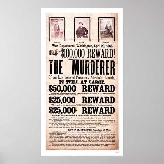 Plakat für Lincolns Ermordung 1865 belohnen (Vorne)