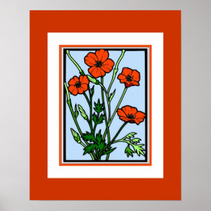 Plakat Vintage Art Orange Rote Mohnblumen
