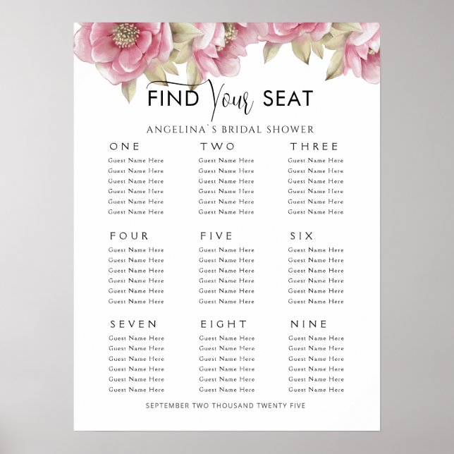 Plan de table 9 tables Shower de mariage affiches (Devant)