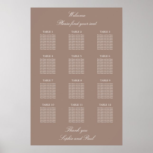 Plan de table de mariage affiche Taupe 12 Table (Devant)