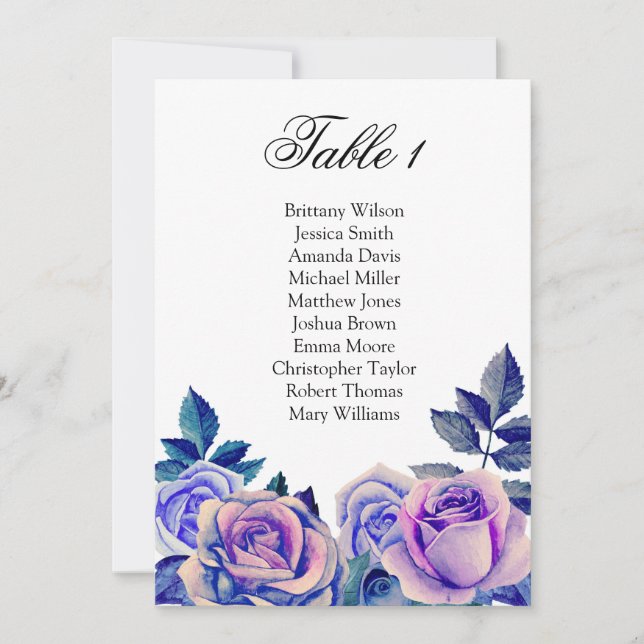 Plan de table des roses bleues et violettes. Carte (Devant)