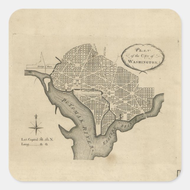 Plan der Stadt Washington D.C. (1794) Quadratischer Aufkleber (Vorderseite)