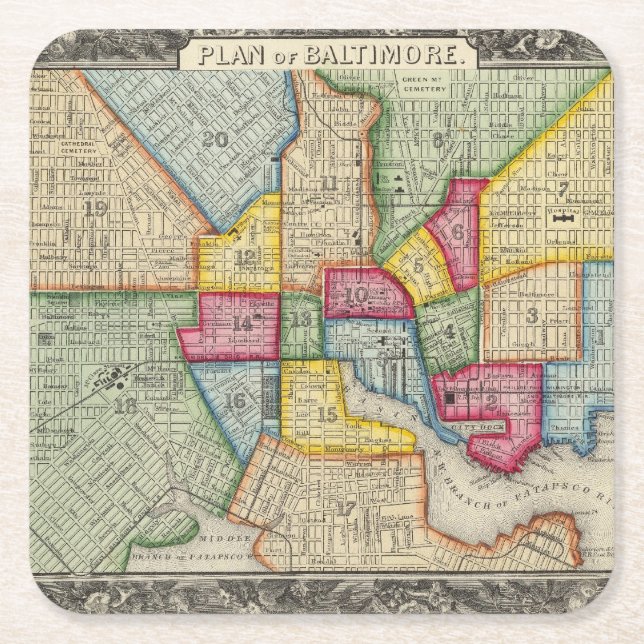 Plan von Baltimore Rechteckiger Pappuntersetzer (Vorderseite)