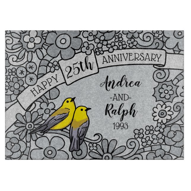 Planche À Découper 25e anniversaire personnalisé, Oiseaux floraux arg (Devant)
