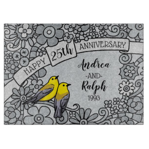 Planche À Découper 25ème anniversaire personnalisé, oiseaux floraux