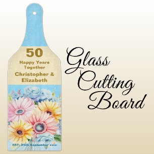 Planche À Découper 50e anniversaire de mariage floral bleu or