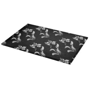 Planche À Découper Abstrait noir blanc brillant fleurs sur noir