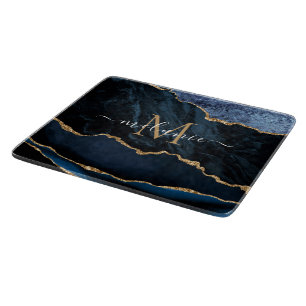 Planche À Découper Agate Blue Gold Marble Nom Lettre Coupe