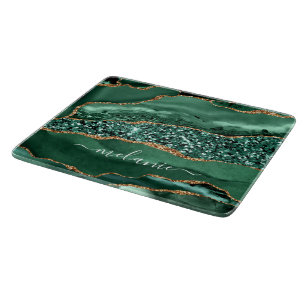 Planche À Découper Agate Green Gold Marble Nom personnalisé Tableau d