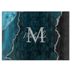 Planche À Découper Agate Marbre Bleu Turquoise et Argent