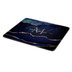 Planche À Découper Agate Marine Blue Gold Gemstone Marbre Nom personn